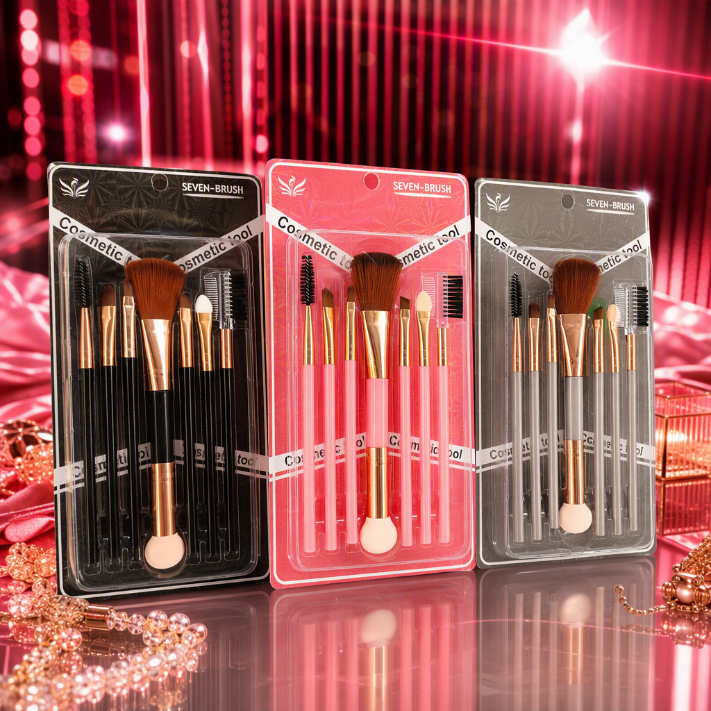 Seven-piece multi-color handle makeup brush set, pink, black, grey with rose gold decorative eyebrow comb mascara brush beauty tool combination Specification image