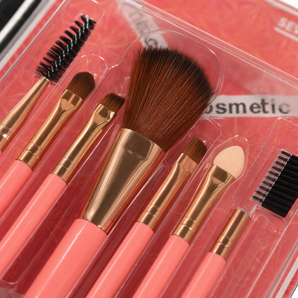 Seven-piece multi-color handle makeup brush set, pink, black, grey with rose gold decorative eyebrow comb mascara brush beauty tool combination Application Scenario