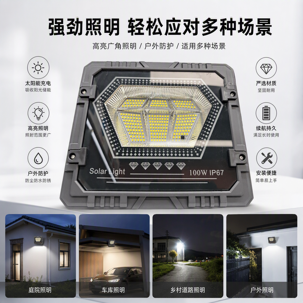 Grey square LED solar floodlight with diamond array design, waterproof 100W solar outdoor lighting, IP67 durable lamp