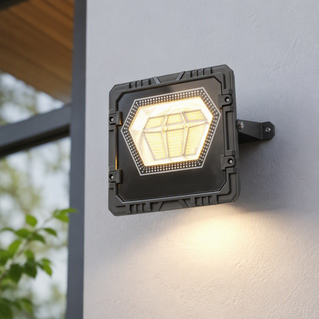 Grey square LED solar floodlight with diamond array design, waterproof 100W solar outdoor lighting, IP67 durable lamp details Picture