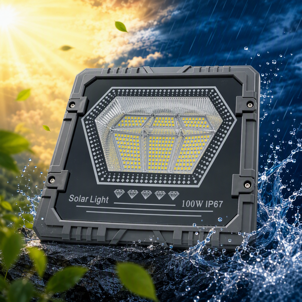 Grey square LED solar floodlight with diamond array design, waterproof 100W solar outdoor lighting, IP67 durable lamp Specification image