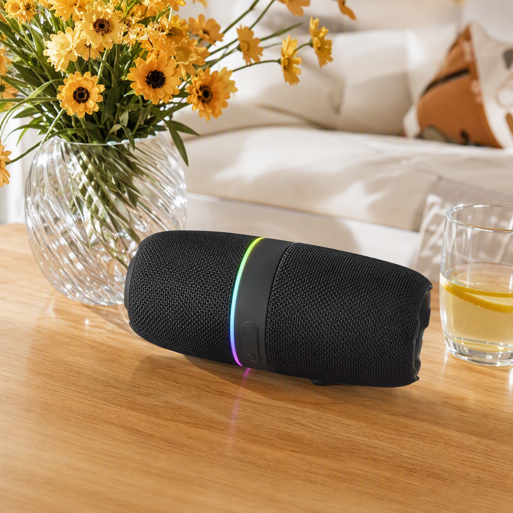 Black portable wireless speaker, color light strip, sound wave pattern, multi-functional portable Bluetooth speaker, packaging box display pic 2