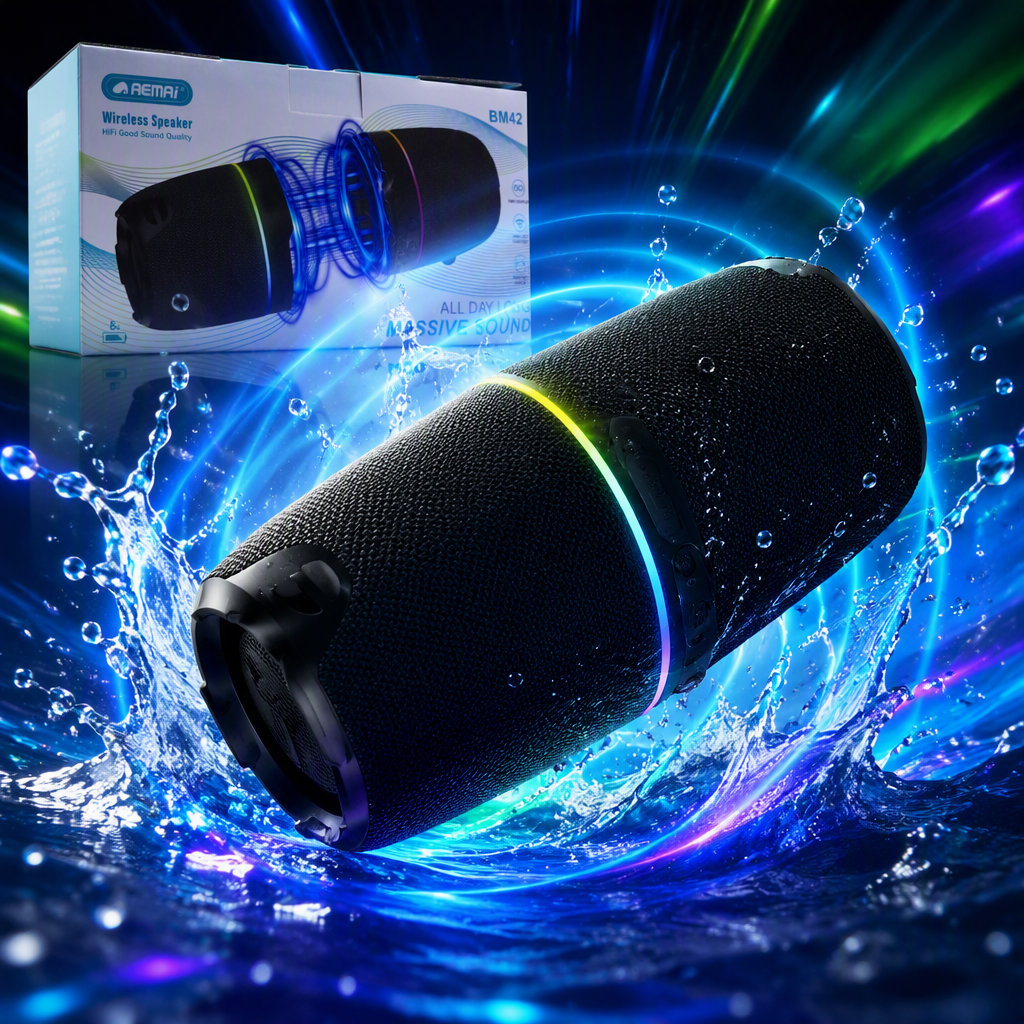 Black portable wireless speaker, color light strip, sound wave pattern, multi-functional portable Bluetooth speaker, packaging box display details Picture