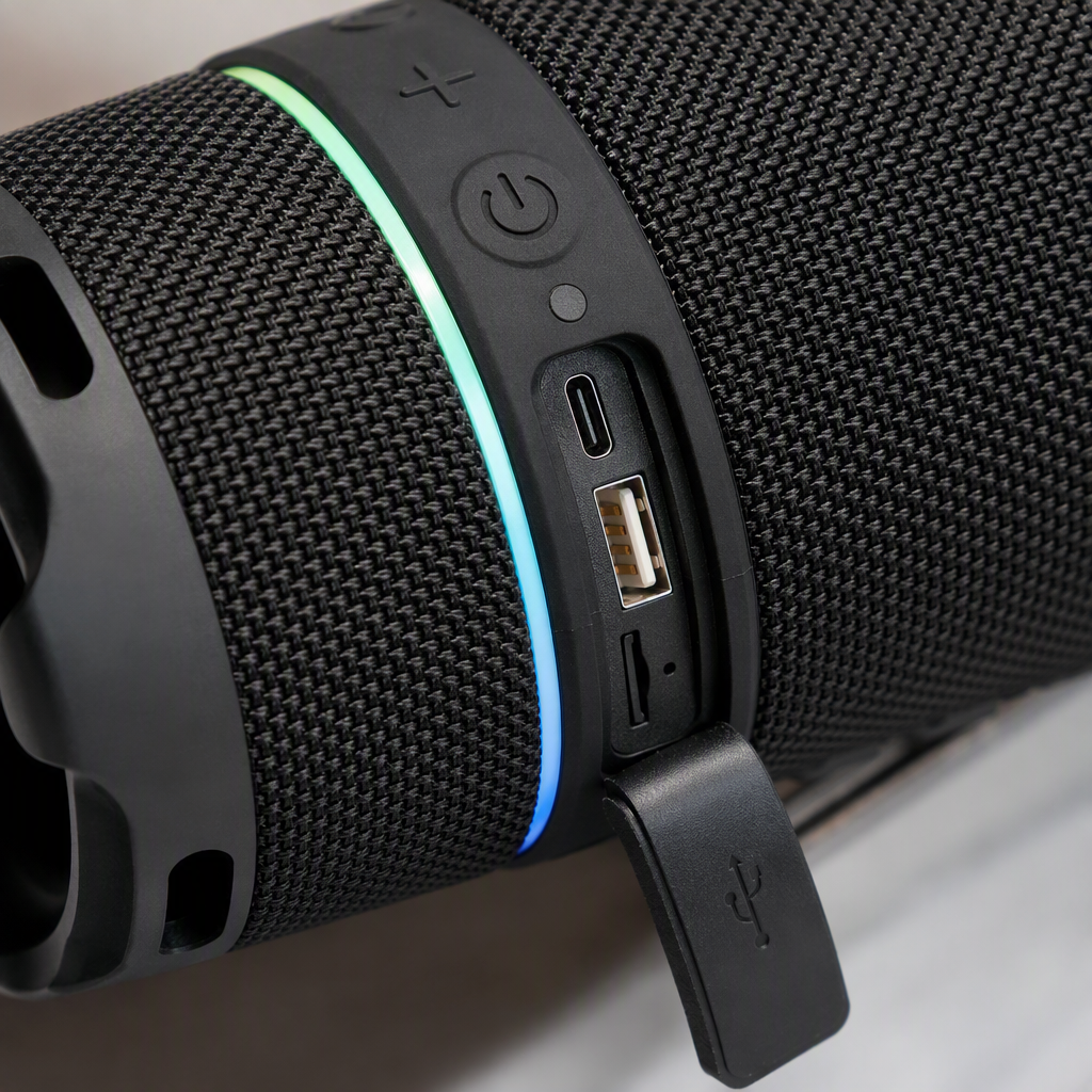 Black portable wireless speaker, color light strip, sound wave pattern, multi-functional portable Bluetooth speaker, packaging box display Specification image