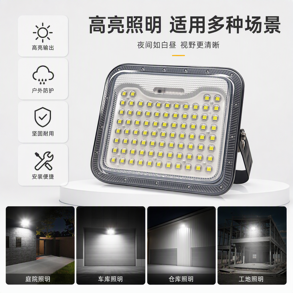 The high-brightness silver-framed LED solar floodlight board is modern, simple, energy-saving and environmentally friendly for home and office lighting, with a strong sense of design