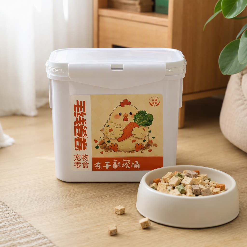 Plástico blanco cubo pet snacks dibujos animados chicken holder zanahoria etiquetas liofilizadas ghee para perros gato universal details Picture
