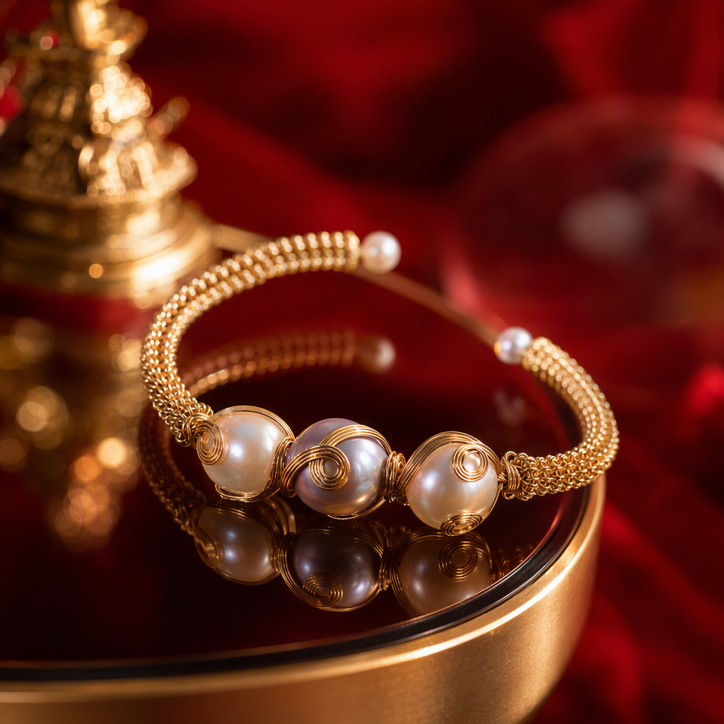 A simple and elegant ladies' bracelet gift featuring a golden woven bracelet paired with pearl fashion jewelry Specification image