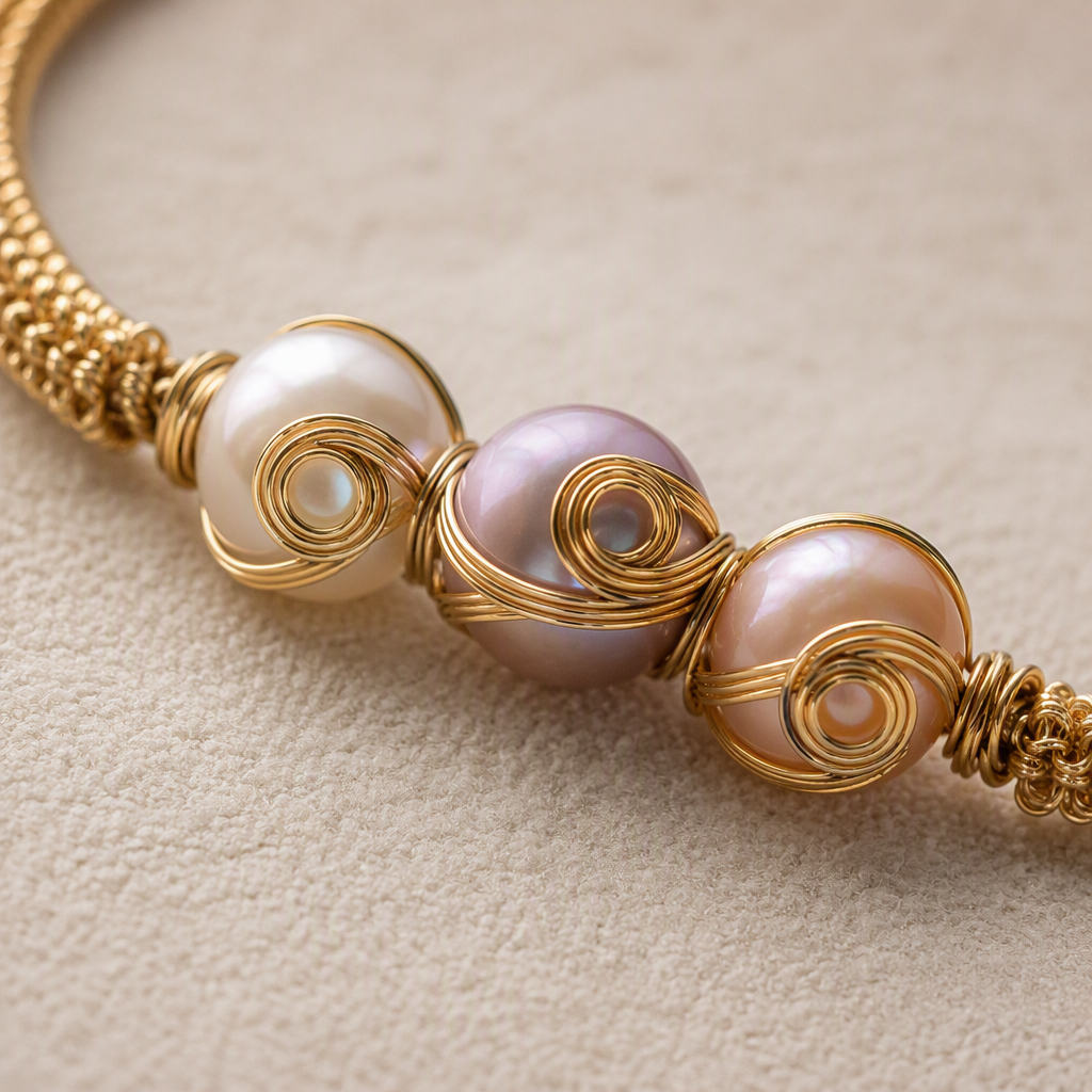 A simple and elegant ladies' bracelet gift featuring a golden woven bracelet paired with pearl fashion jewelry Application Scenario