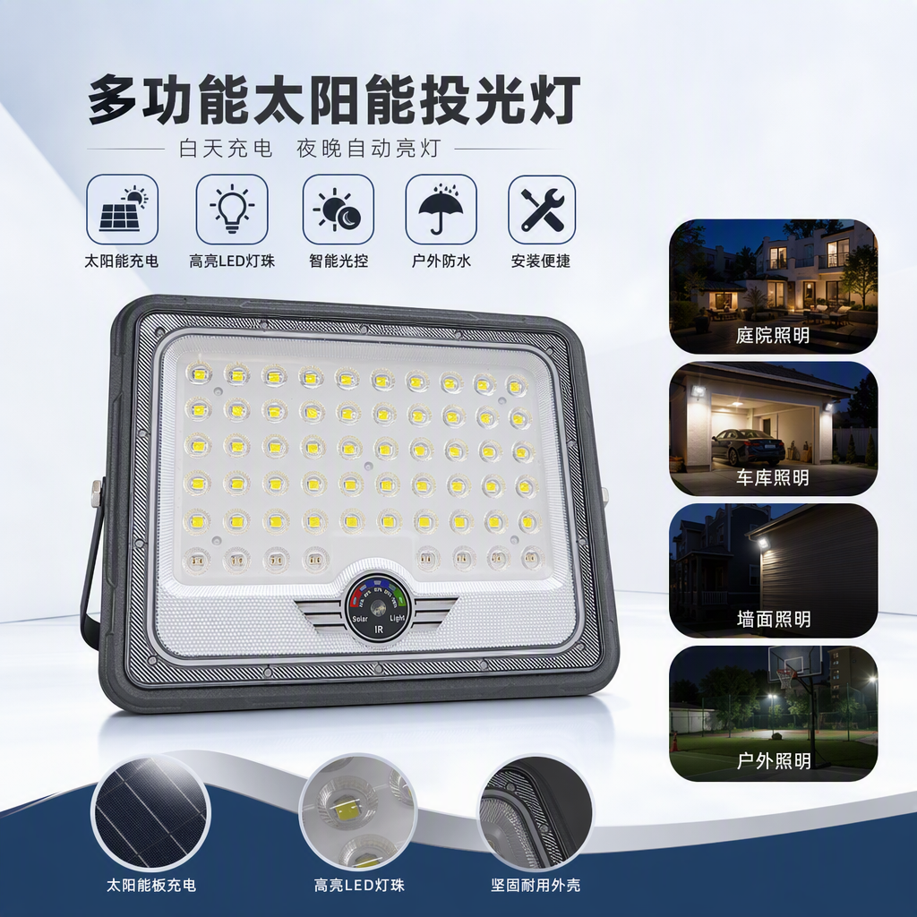 High-brightness energy-saving grey LED solar floodlights, outdoor waterproof square landscape lighting, high-power lamps