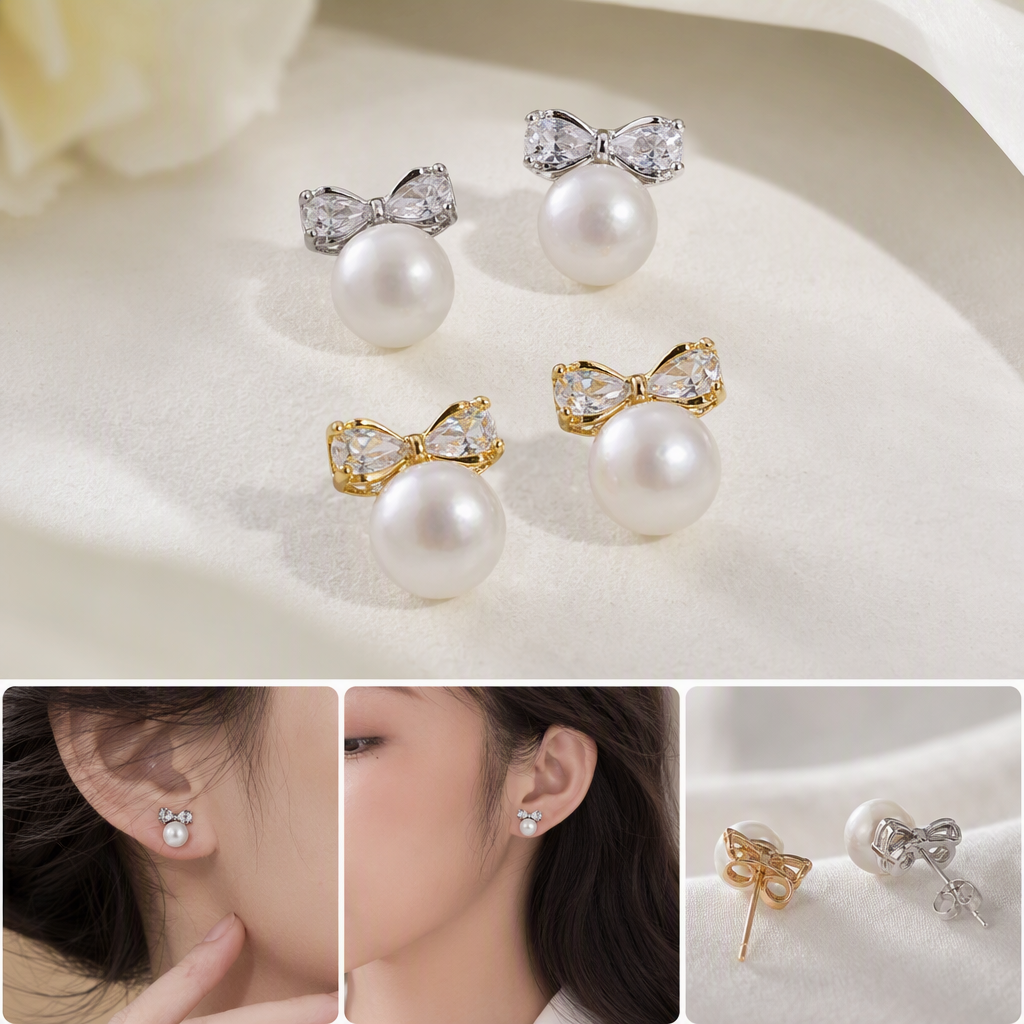 The white jewelry box with pearl bow stud earrings is a simple and versatile accessory for elegant girls as a gift