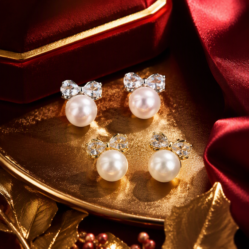 The white jewelry box with pearl bow stud earrings is a simple and versatile accessory for elegant girls as a gift Specification image