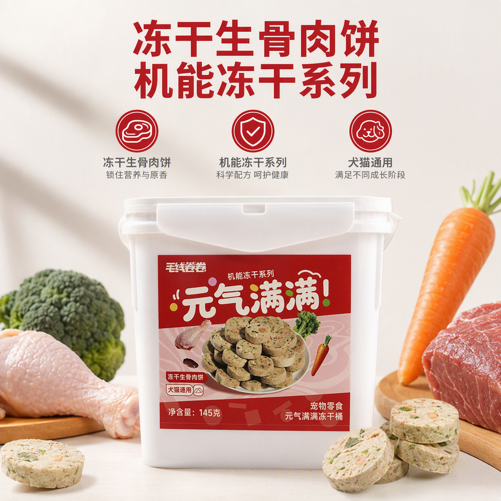 Pet snacks: 145-gram plastic bucket meat patties with carrot and chicken leg patterns, red background with white label, full of energy freeze-dried raw bone meat patties