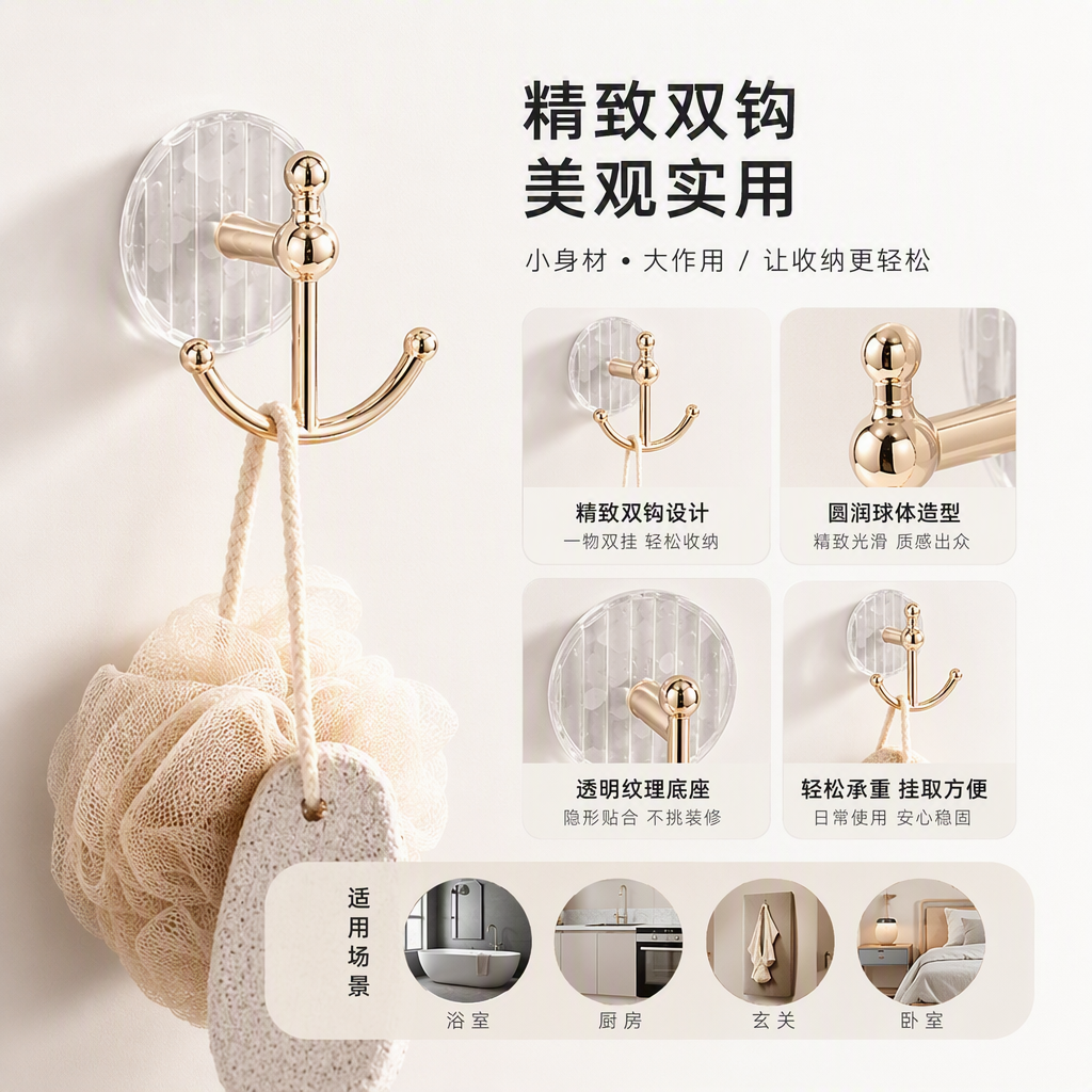 【CL】26Q3#2326 Multi-functional double-sided suction cup adhesive hook, no need for drilling, strong adhesion, kitchen and bathroom hook, blink-shaped decorative hook