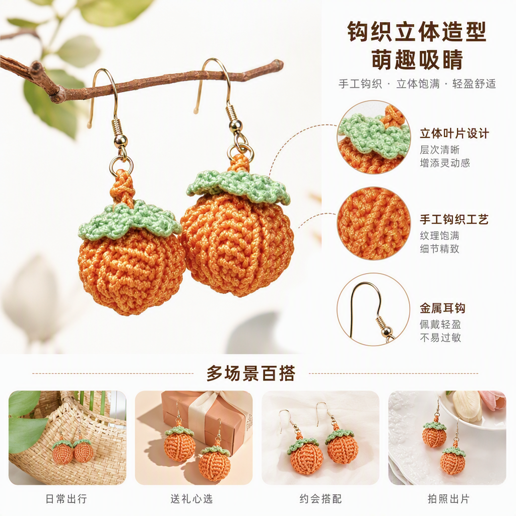 橙色钩针手工编织柿子耳饰复古个性潮流耳坠时尚配饰