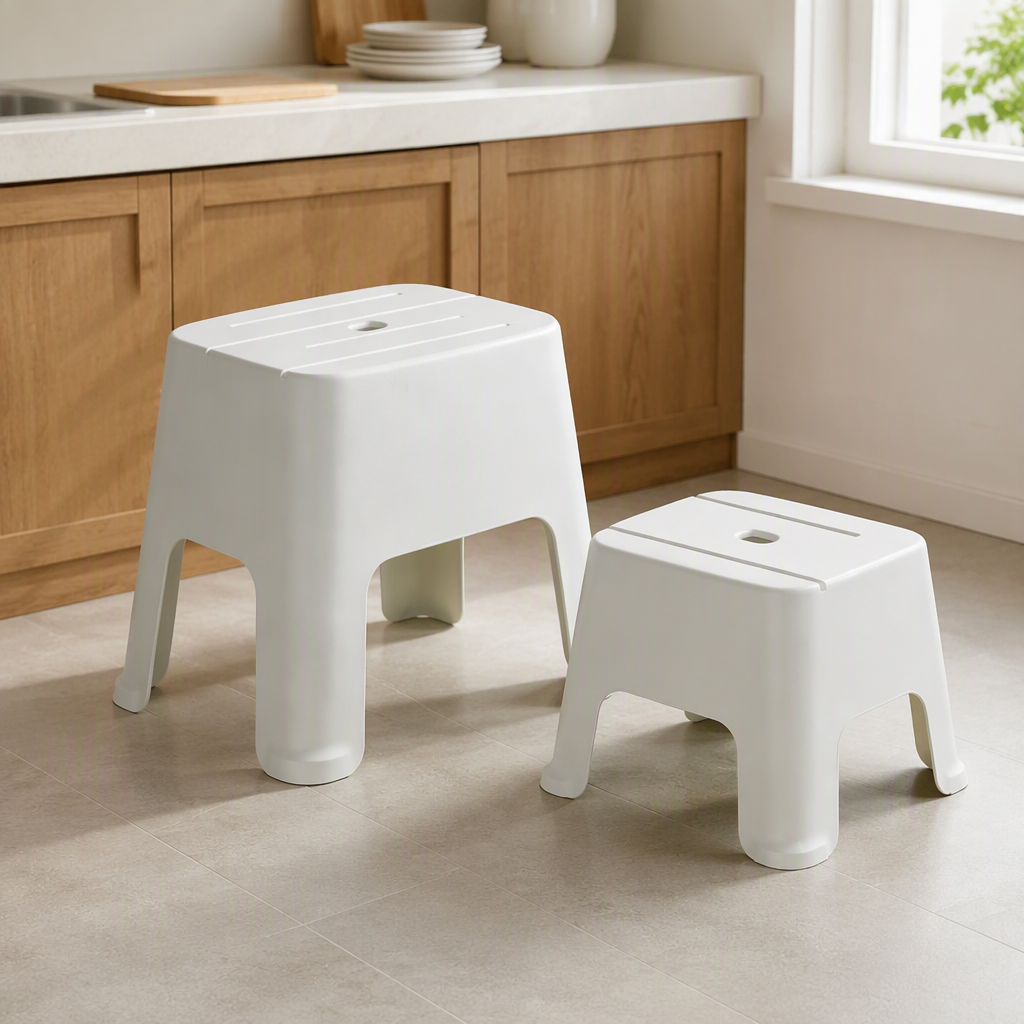 【CL】26Q3#Q9133 Multi-functional white plastic stool, anti-slip, durable, simple home, office and leisure plastic chair, solid wood low stool combination details Picture