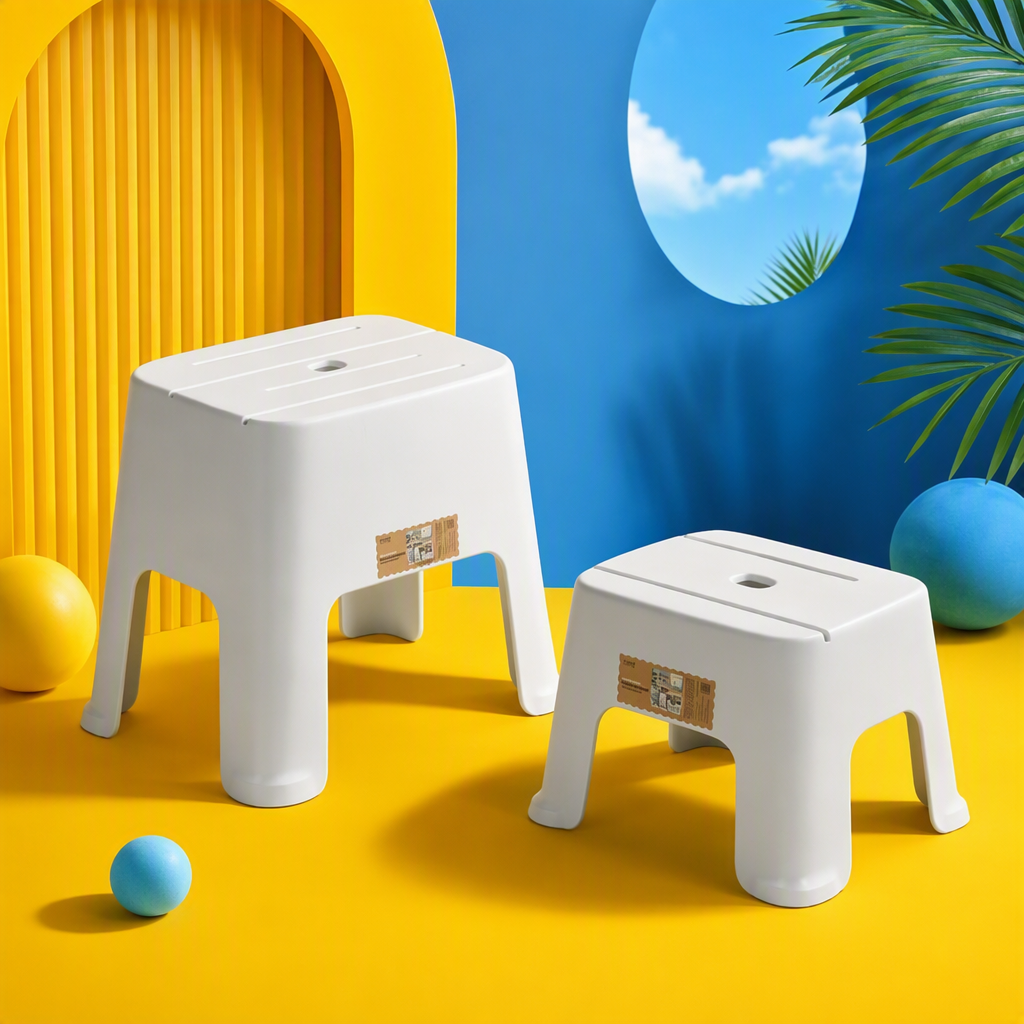 【CL】26Q3#Q9133 Multi-functional white plastic stool, anti-slip, durable, simple home, office and leisure plastic chair, solid wood low stool combination Specification image