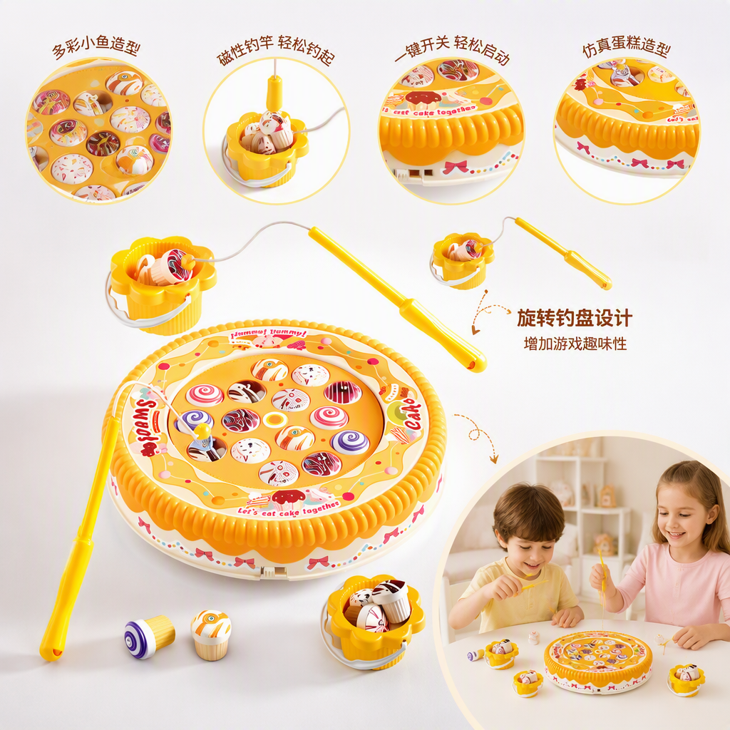 Pastel colorido juego de pesca juguete naranja plato verde caña magnética cebo cubo varios postres accesorios niños puzzle entretenimiento