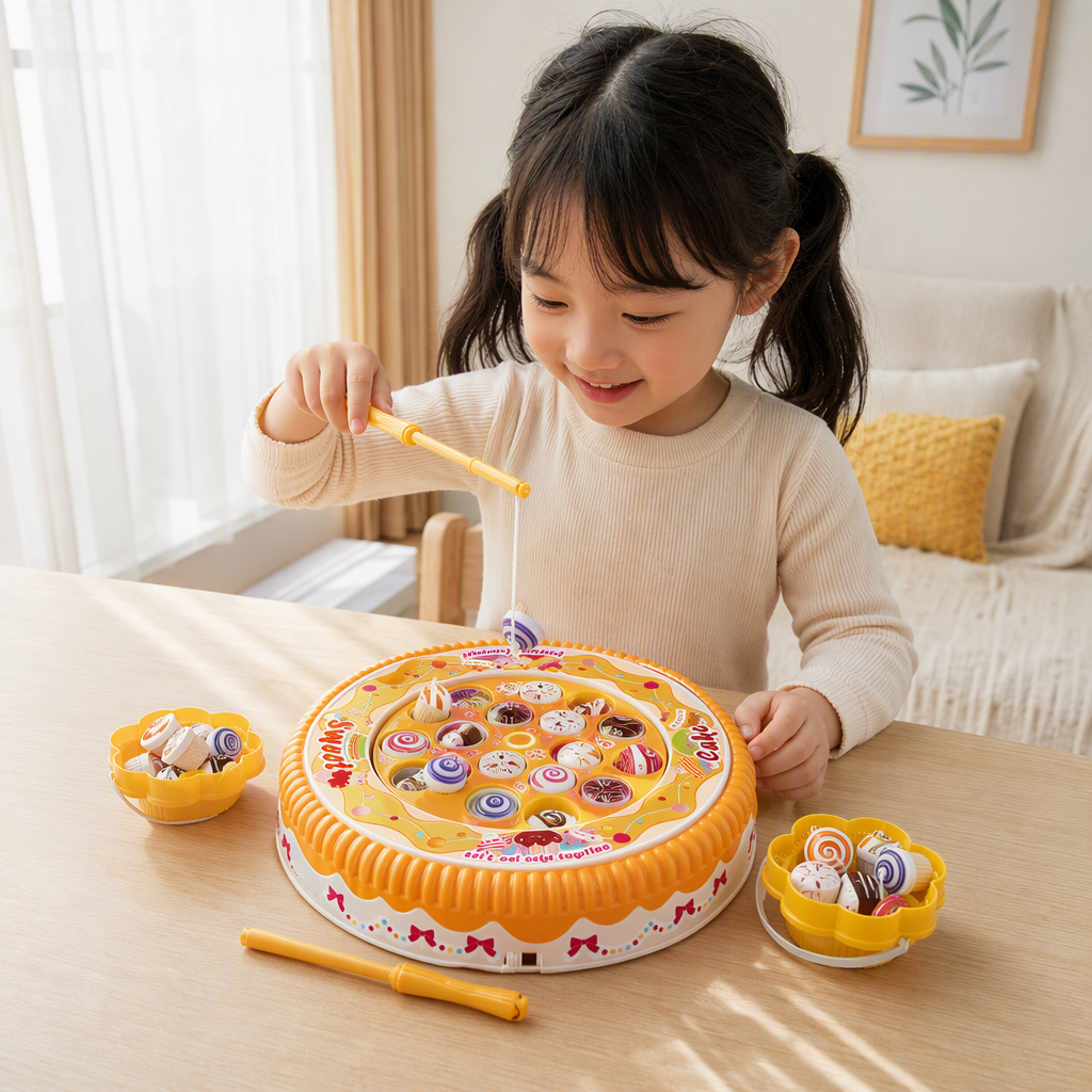 Pastel colorido juego de pesca juguete naranja plato verde caña magnética cebo cubo varios postres accesorios niños puzzle entretenimiento details Picture