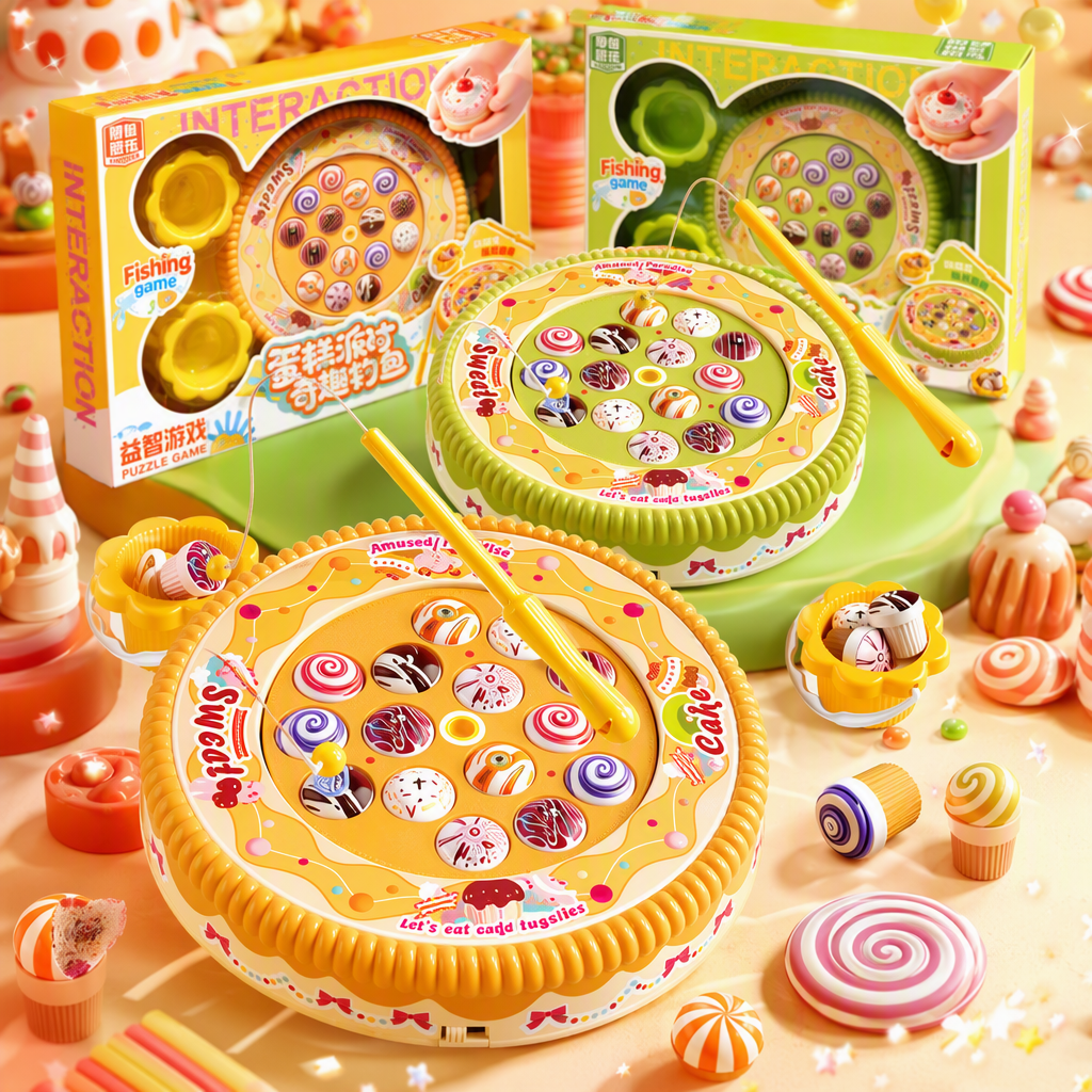 Pastel colorido juego de pesca juguete naranja plato verde caña magnética cebo cubo varios postres accesorios niños puzzle entretenimiento Specification image