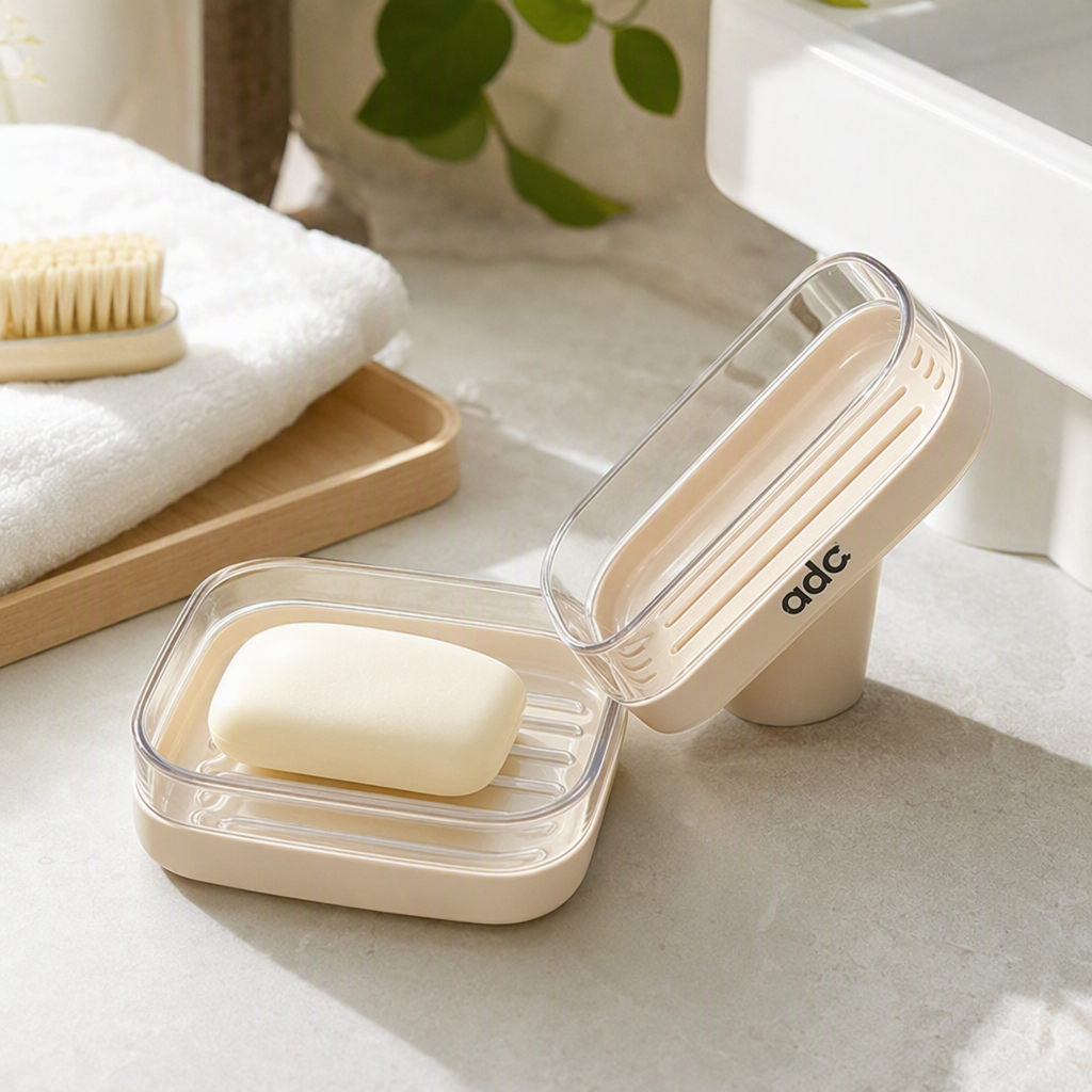 【CL】 26Q3#6224 Soap box with lid, white and pink storage set, Bubble net, bathroom washbasin supplies details Picture