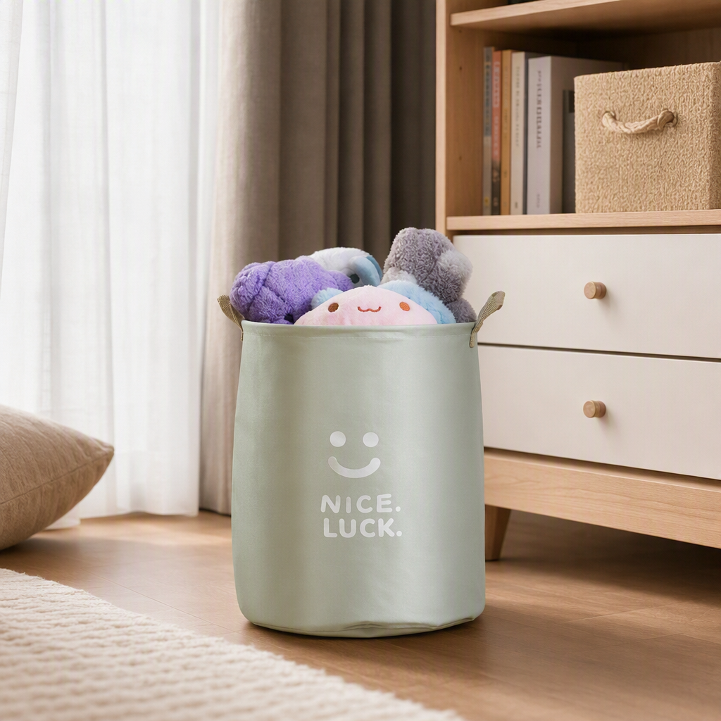 【CL】26Q2#654 Light green fabric storage bucket, plush toy storage box, plastic dirty clothes bucket, multi-functional organizing box, household storage box details Picture