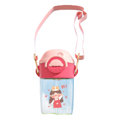 【CL】26Q3#5013 Water Cup with strap, cartoon girl thermochromic straw, children's water cup, summer cute sports Miffy Rabbit heat transfer pink transparent cup body Item Picture