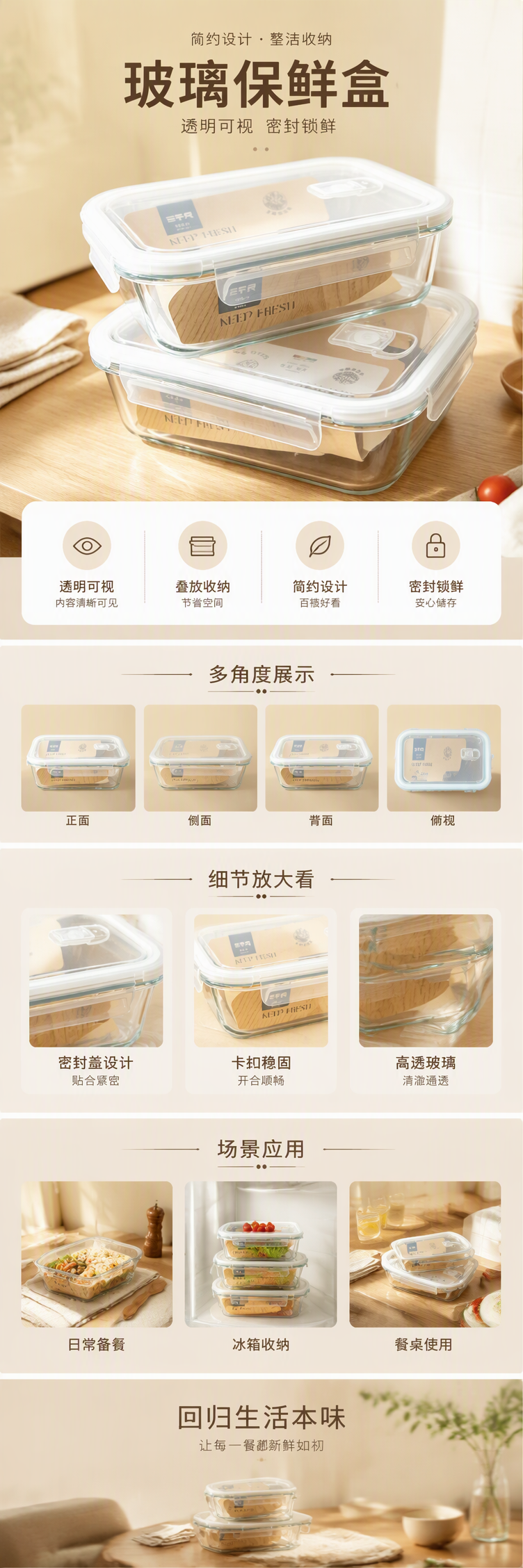 【CL】 26Q3#6813  方形玻璃保鲜盒1040ml  分格保鲜盒饭盒便携餐具五金厨房用品耐用多功能收纳盒详情5