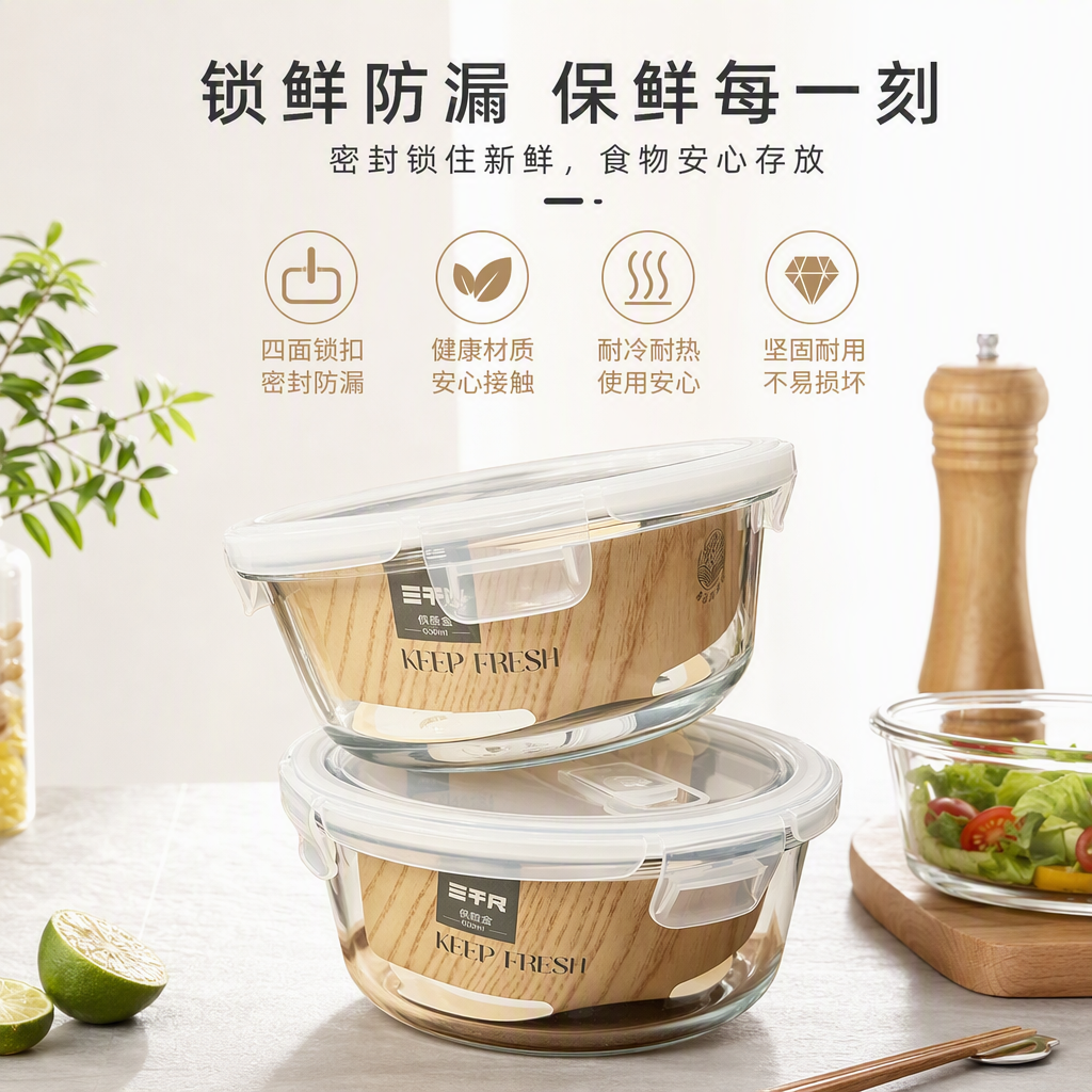 【CL】26Q3#6812  圆形玻璃保鲜盒950ml  多格保鲜饭盒便携餐具厨房收纳盒耐用不易变形
