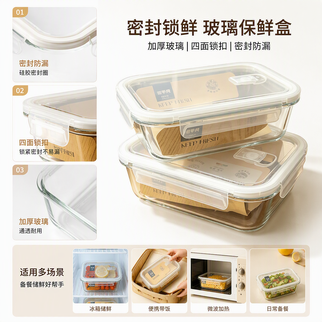 【CL】 26Q3#6813  方形玻璃保鲜盒1040ml  分格保鲜盒饭盒便携餐具五金厨房用品耐用多功能收纳盒