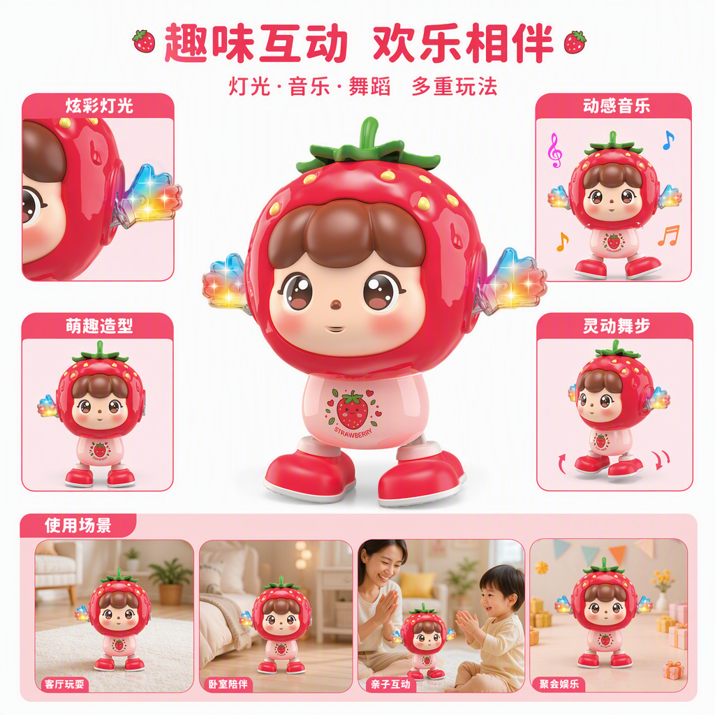 Divertido juguete de forma de fresa para niños puzzle insertado goma suave muñeca de fruta juguete de bebé caja de regalo