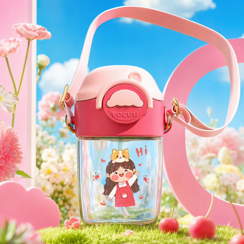 【CL】26Q3#5013 Water Cup with strap, cartoon girl thermochromic straw, children's water cup, summer cute sports Miffy Rabbit heat transfer pink transparent cup body Specification image