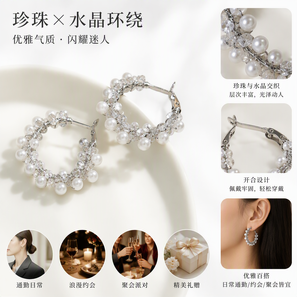 White pearl crystal earrings are simple, elegant, fashionable and versatile for women