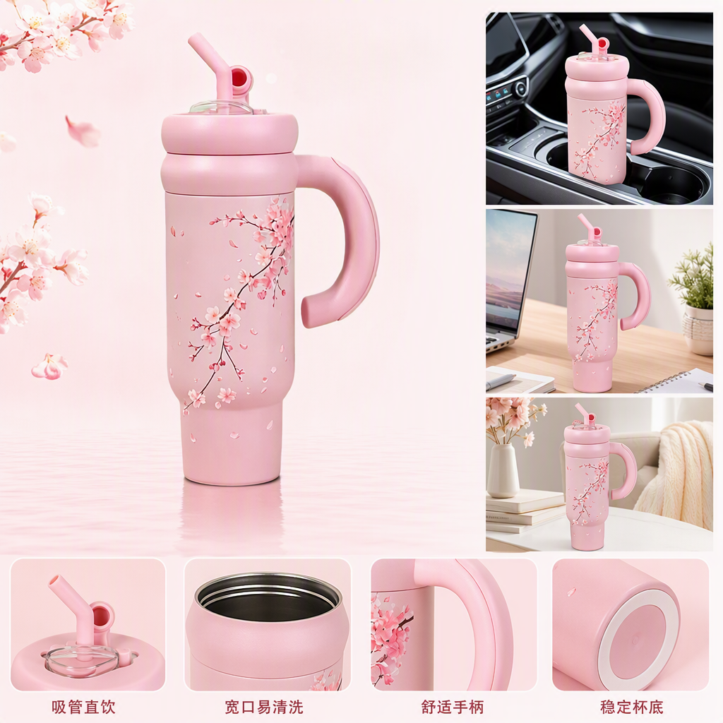 Rosa flor de cerezo patrón de taza de aislamiento de acero inoxidable de gran capacidad portátil para estudiantes al aire libre calentador de calor calentador de agua fría taza regalo para novia Rosa flor de cerezo patrón de taza de aislamiento de acero inoxidable de gran capacidad portátil para estudiantes al aire libre calentador de calor calentador de agua fría taza regalo para novia