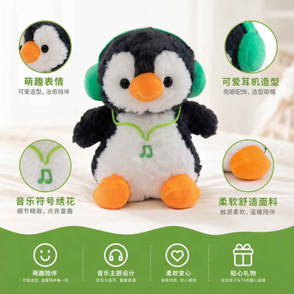 22cm figurine, green headphones, penguin, cute plush toy, home decoration gift