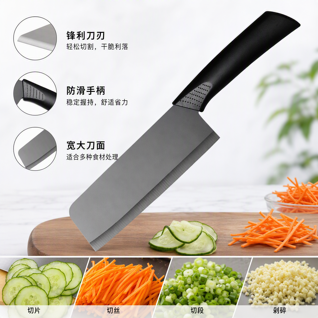 不锈钢锋利厨房多用刀黑色手柄便携刀具厨师菜刀家用切菜刀