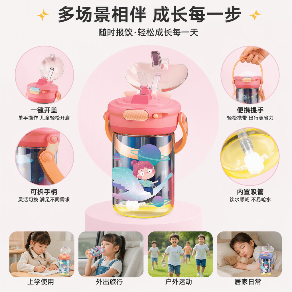 【CL】26Q3#5011 Starry Sky Handle Water Cup, Colorful Children's drinking Cup, leak-proof and drop-proof, baby and toddler water cup, mother and baby products, with a straw design