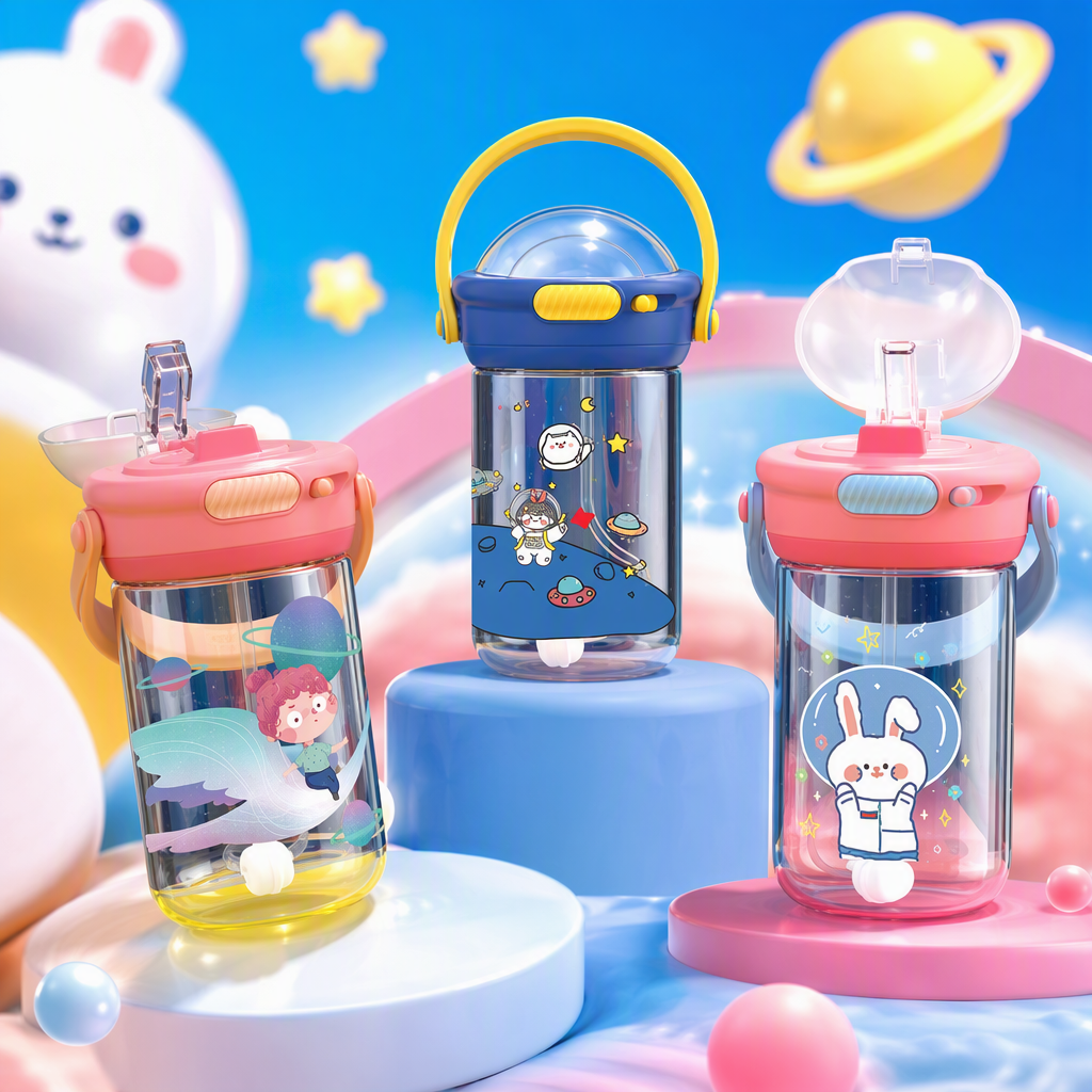 【CL】26Q3#5011 Starry Sky Handle Water Cup, Colorful Children's drinking Cup, leak-proof and drop-proof, baby and toddler water cup, mother and baby products, with a straw design Specification image