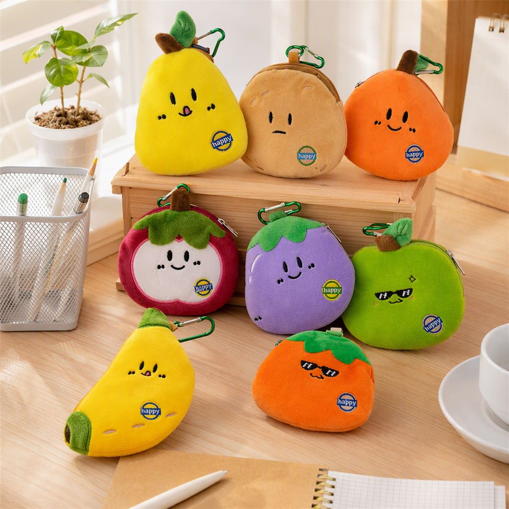 Cartoon fruit and vegetable plush coin purse pendant, mini zipper small bag, earphone storage bag, keychain bag, colorful fruit-shaped plush coin purse, children's cartoon small wallet, trendy ladies' bag, toy coin purse, trendy play style details Picture