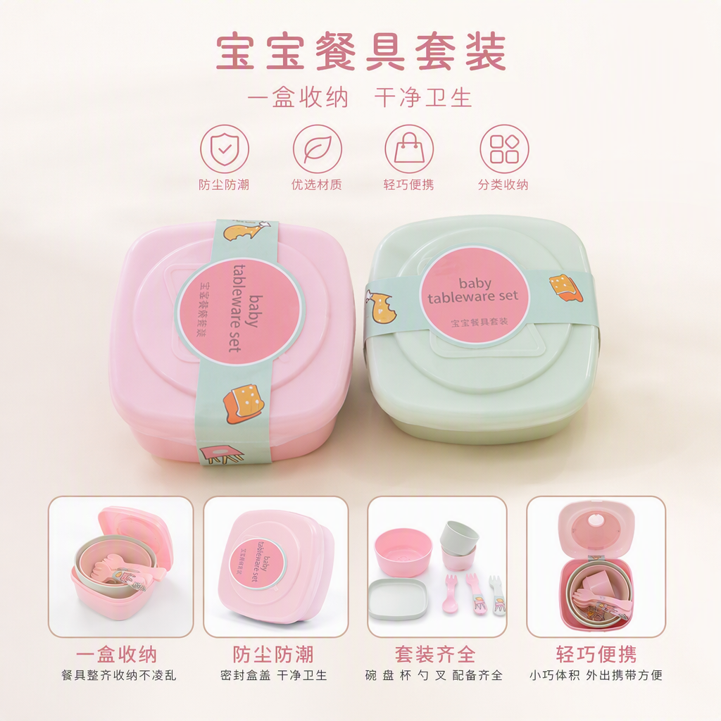 【CL】26Q3#6329 Square portable lunch box Baby feeding Tableware set Pink and green baby complementary food bowls and spoons training tableware Safe and durable children's tableware set