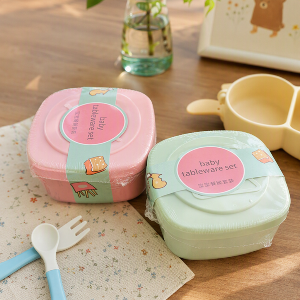 【CL】26Q3#6329 Square portable lunch box Baby feeding Tableware set Pink and green baby complementary food bowls and spoons training tableware Safe and durable children's tableware set details Picture