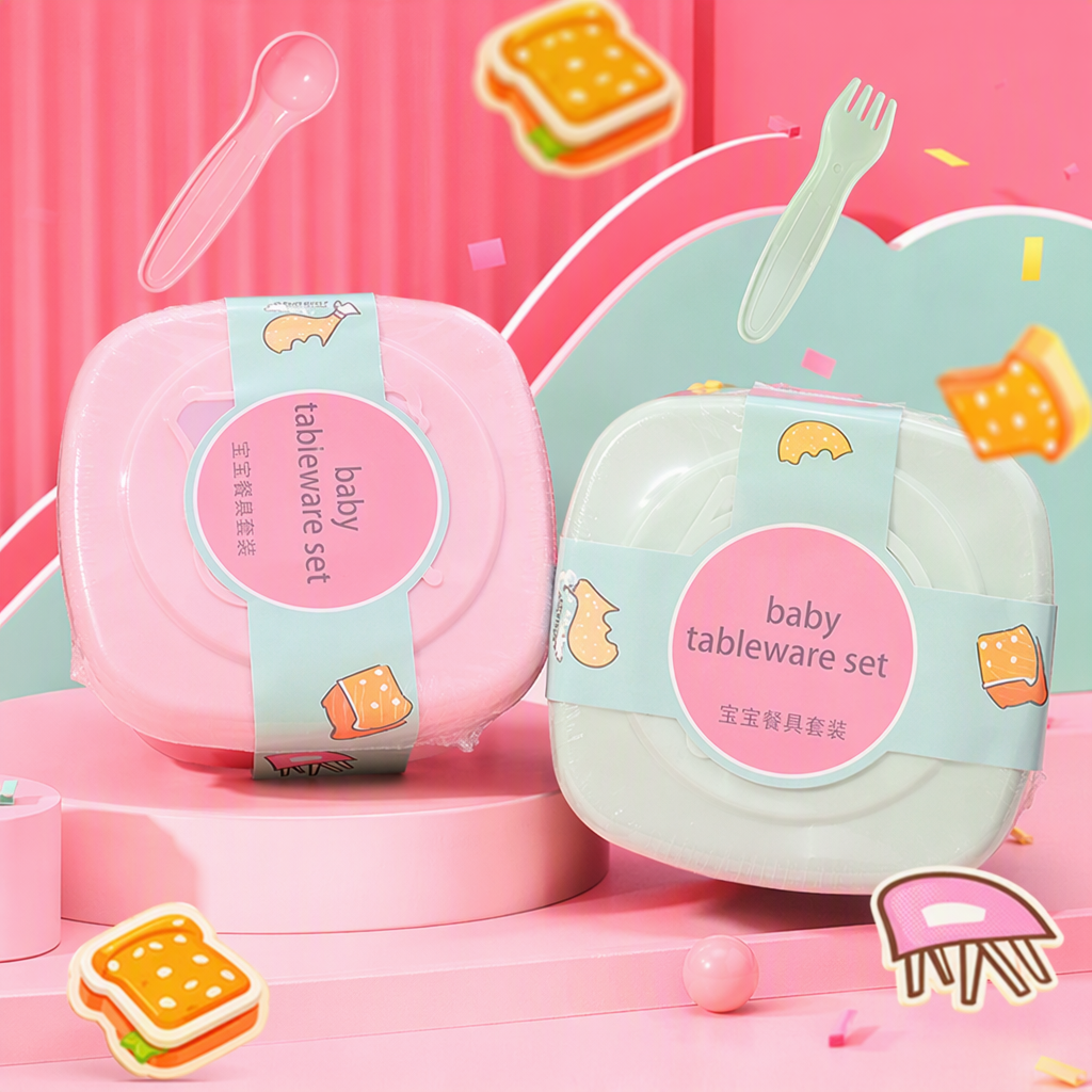 【CL】26Q3#6329 Square portable lunch box Baby feeding Tableware set Pink and green baby complementary food bowls and spoons training tableware Safe and durable children's tableware set Specification image