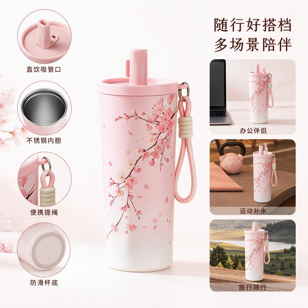 Rosa flor de cerezo patrón térmica taza de acero inoxidable de gran capacidad portátil estudiante Señora Calentador de agua regalo regalo Rosa flor de cerezo patrón térmica taza de acero inoxidable de gran capacidad portátil estudiante Señora Calentador de agua regalo regalo
