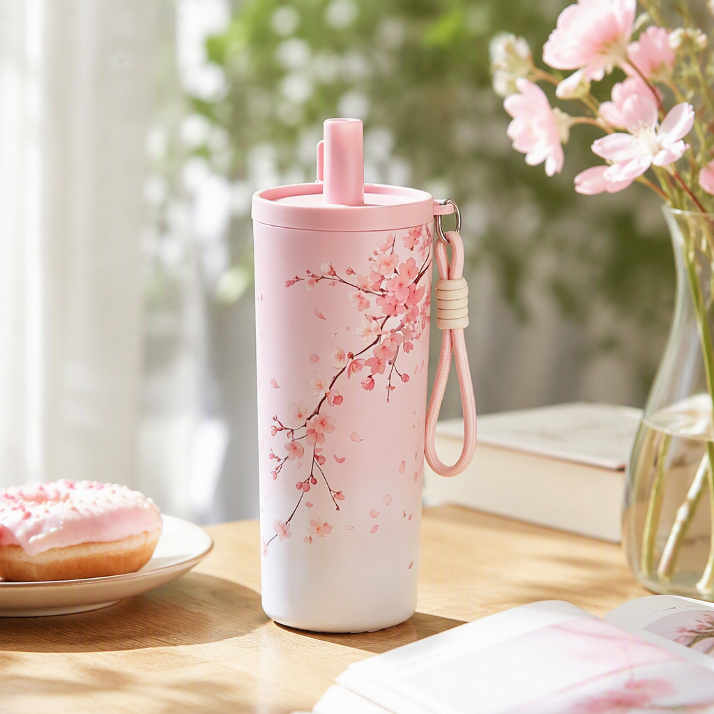 Rosa flor de cerezo patrón térmica taza de acero inoxidable de gran capacidad portátil estudiante Señora Calentador de agua regalo regalo details Picture