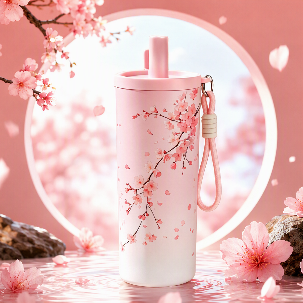 Rosa flor de cerezo patrón térmica taza de acero inoxidable de gran capacidad portátil estudiante Señora Calentador de agua regalo regalo Specification image