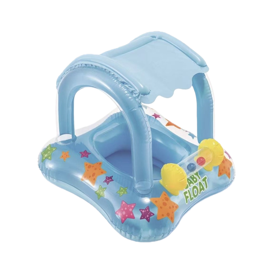 Baby blue swimming ring with sunshade, colorful starfish pattern, children's waterproof safety float, children's water play toy Item Picture