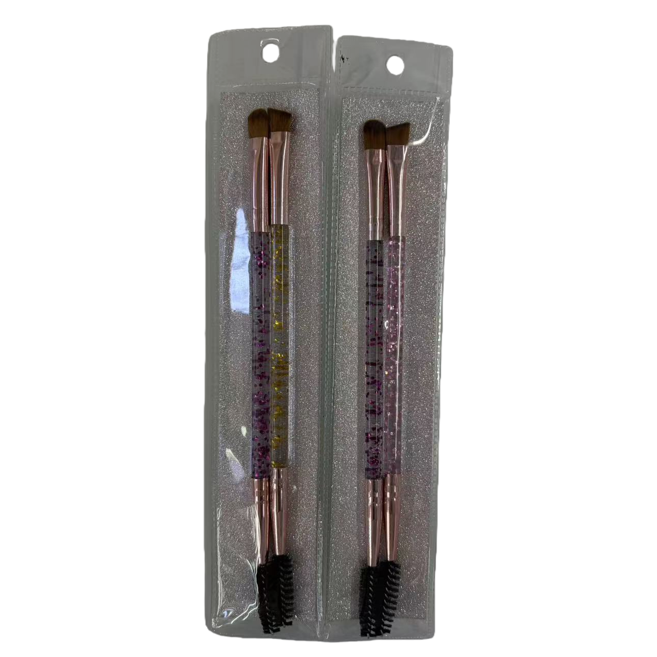 Clear pack doble set doble cabezal maquillaje cepillo brillo rosa decoración oro rosa mango de metal color marrón pelo inferior cepillo de cejas Item Picture