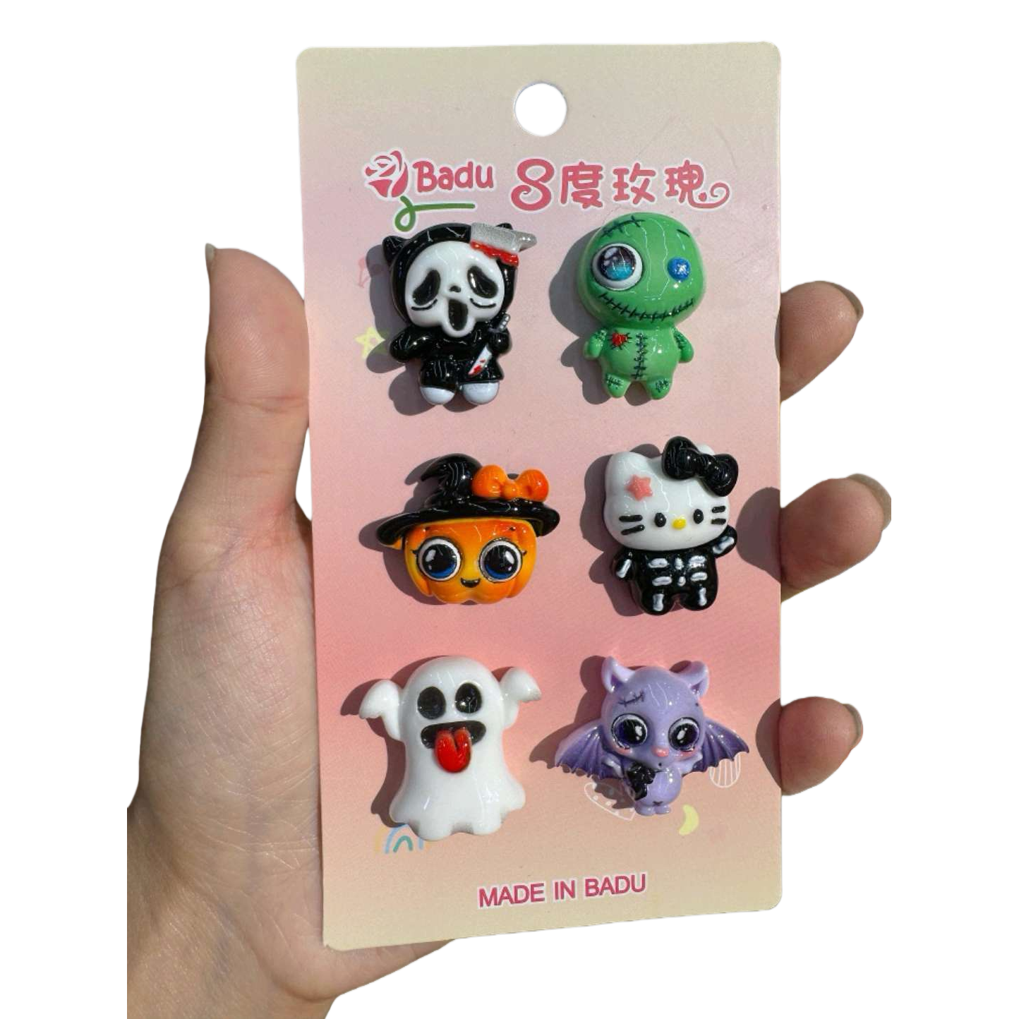 Six pink card Halloween-themed small doll stickers, creative festival handcrafted material accessories Item Picture