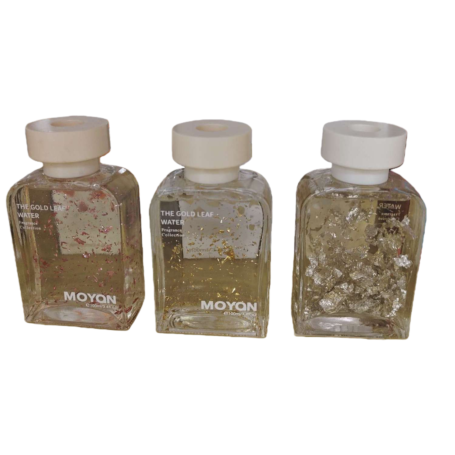 Color oro plata chips aromaterapia botella conjunto de tres piezas botella de vidrio transparente tapa blanca en la caja de madera encimera caja de embalaje decorativa fragancia caja de regalo Item Picture