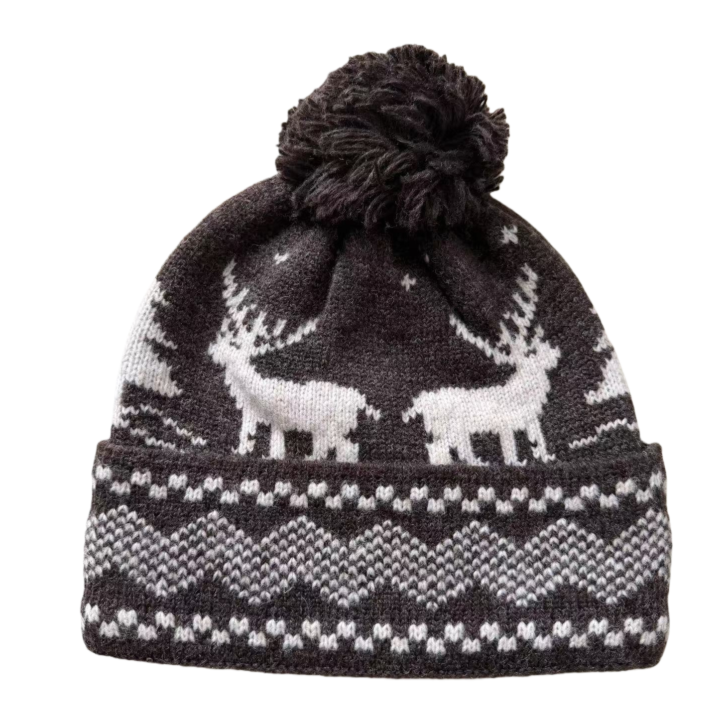 Fashionable and warm knitted hat, black fur ball, white reindeer pattern, dark grey, a must-have winter hat for both men and women Item Picture