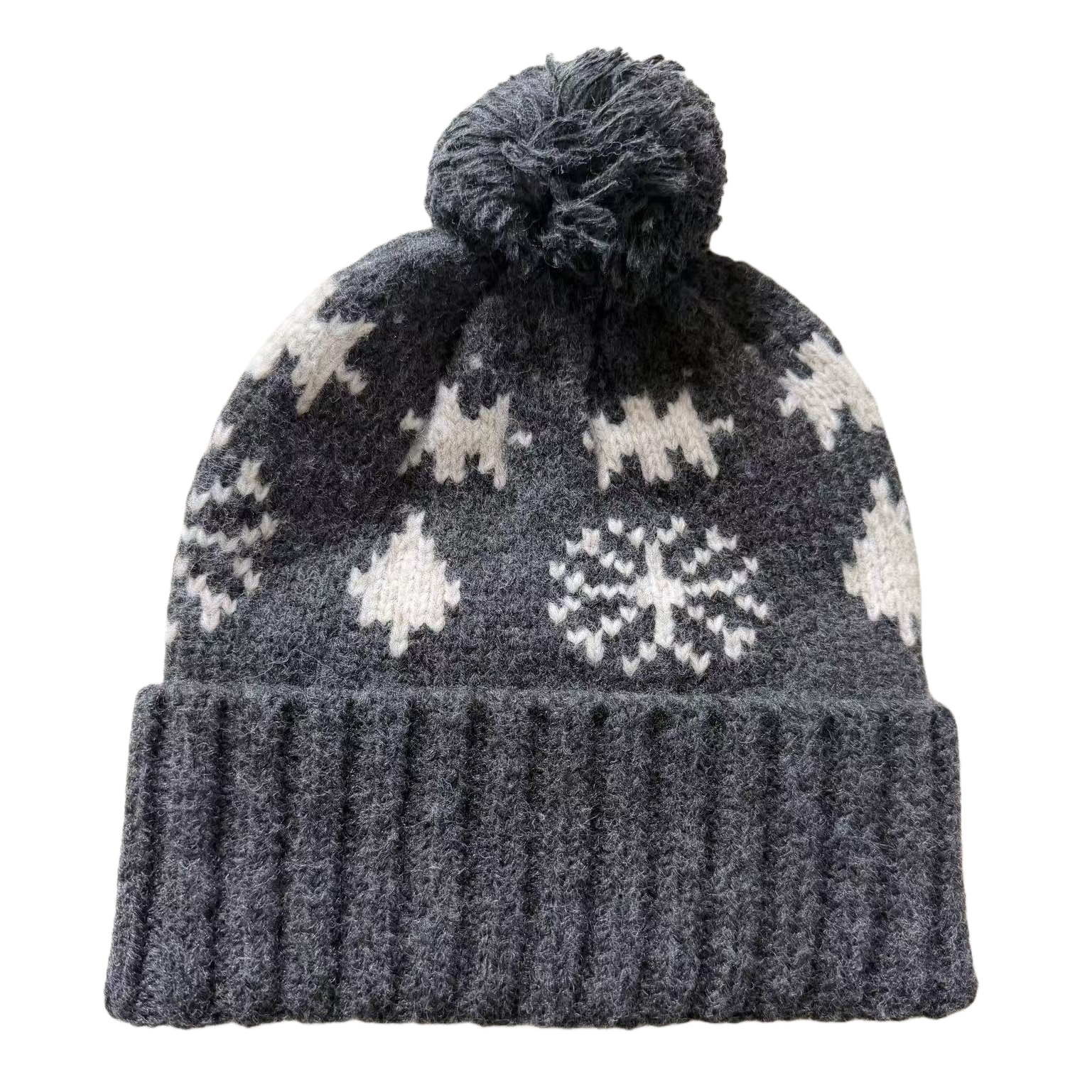 Fashionable winter knitted hat with white snowflake pattern fur top decoration, warm and versatile for both men and women Item Picture